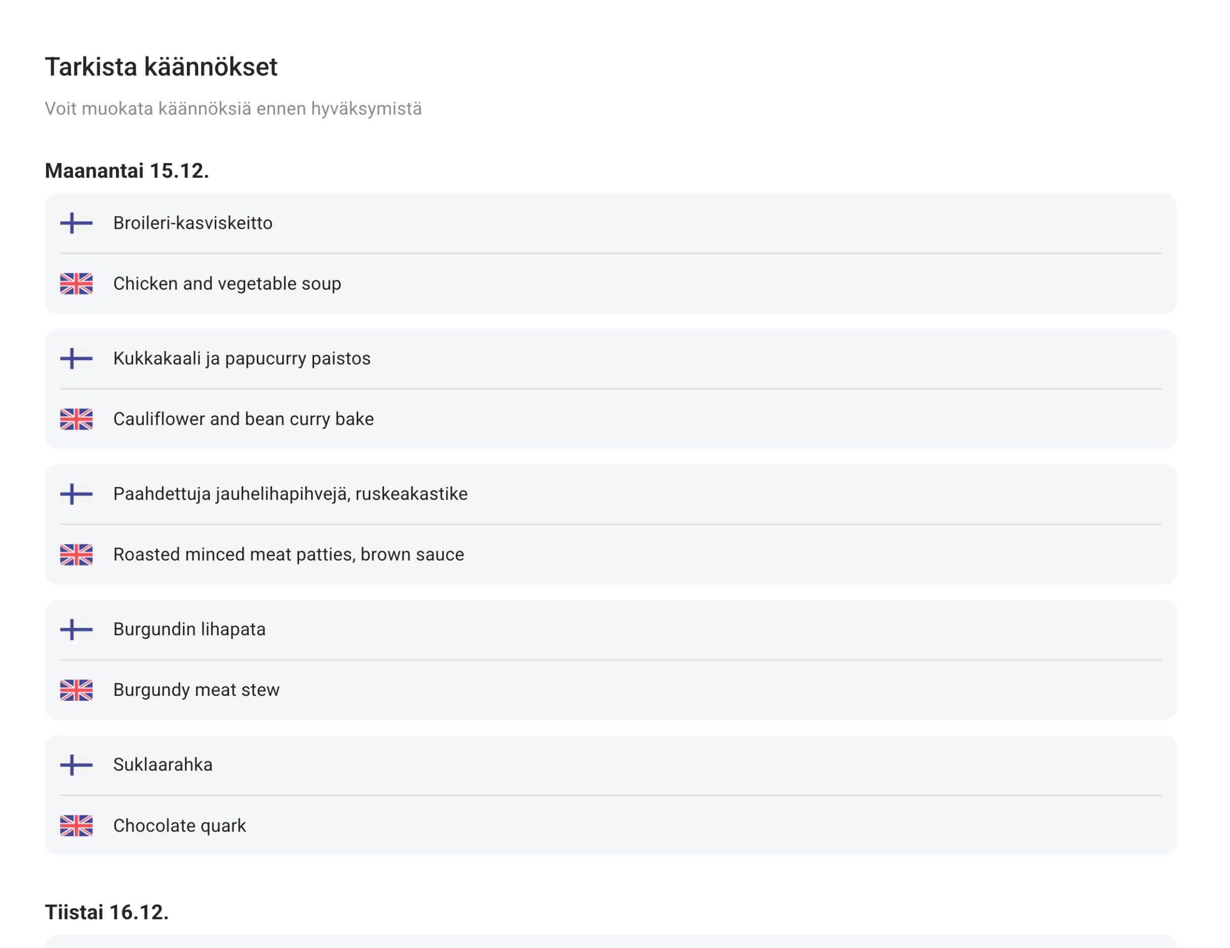Käännä lounaslista tekoälyn avulla useammalle eri kielelle ja tarkista käännökset