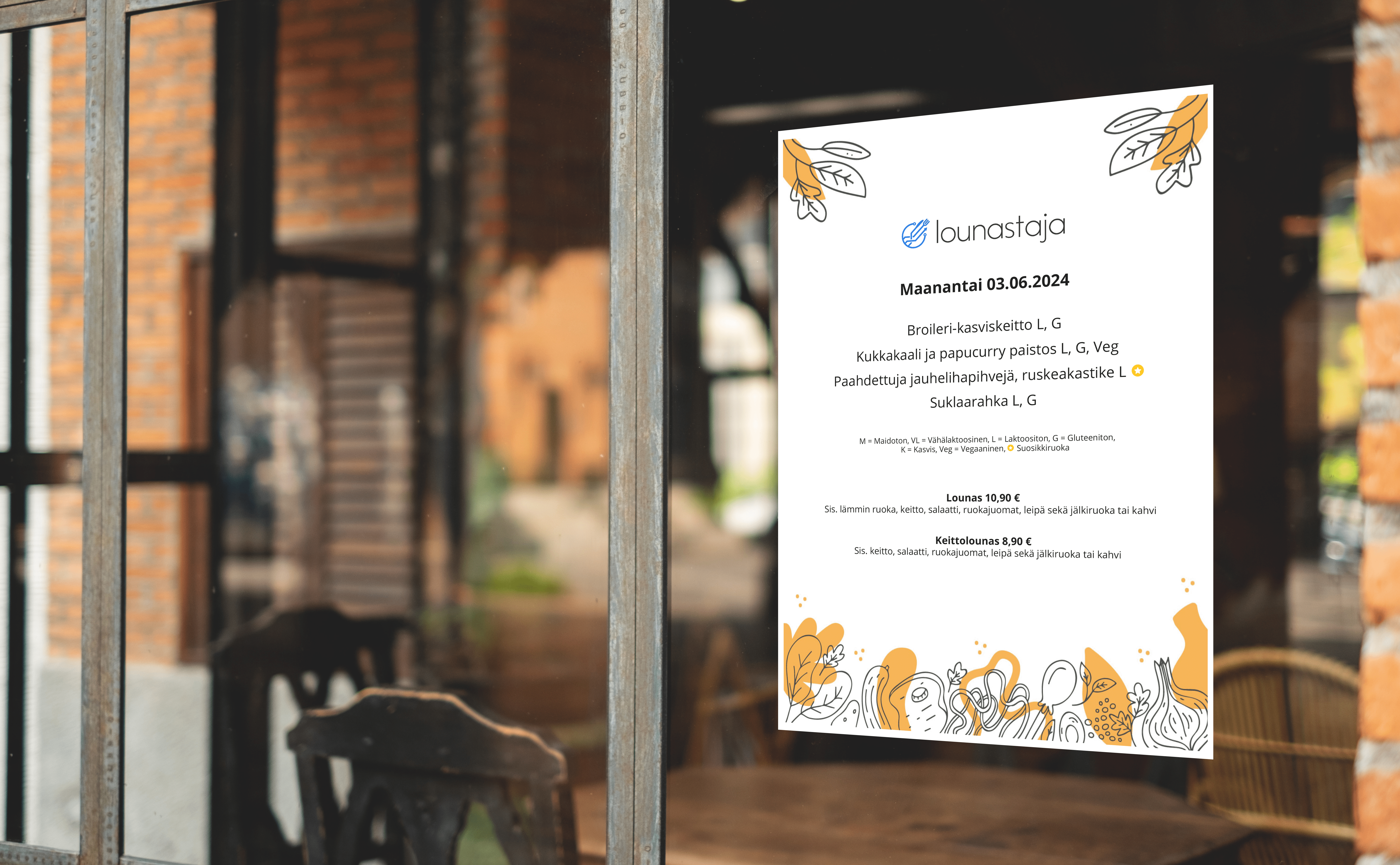 Päivän lounaslista ravintolan ikkunassa
