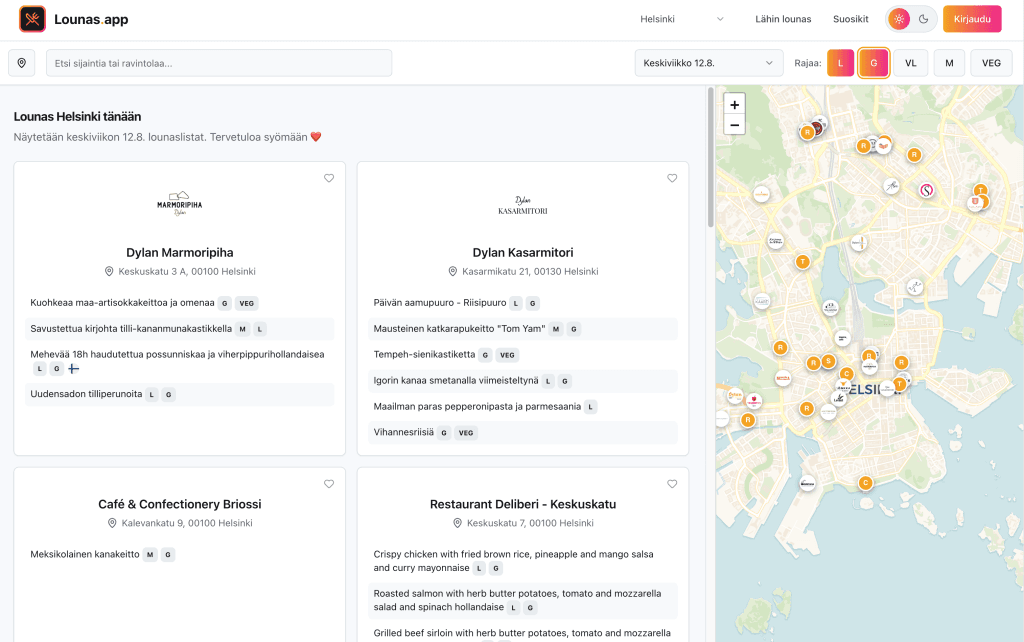 Lounas app lounaiden listaus